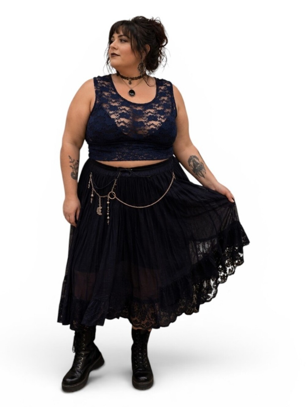 Halftee Navy Blue Floral Lace Cami Sleeveless Crop Top - Size XL
